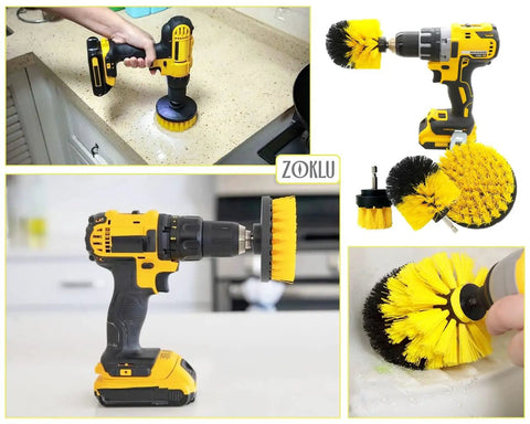 Drill Brush Scrubber Set With Nylon Bristles, 2, 3.5, and 4 Inch Heads, shown attached to a drill cleaning various surfaces.