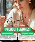 Woman using Eyeglasses And Sunglasses Repair Kit With Screws Nose Pads Magnetic Screw Assortment Precision Screwdrivers