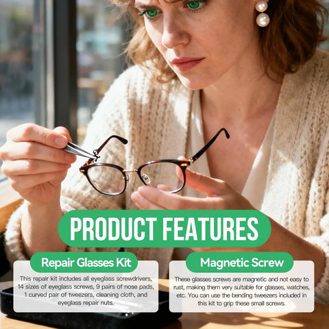 Woman using Eyeglasses And Sunglasses Repair Kit With Screws Nose Pads Magnetic Screw Assortment Precision Screwdrivers