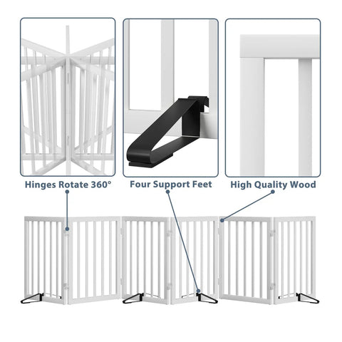 Extra Wide Wooden Dog Gate For Doorways 110 Inches Freestanding With 4 Support Stands, foldable design and high quality wood.
