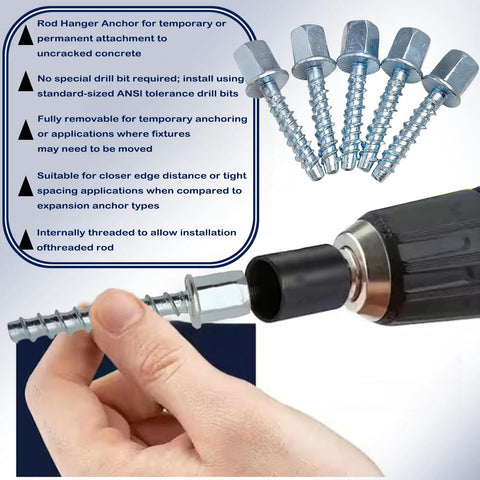 Three Eighths Inch Concrete Threaded Vertical Rod Anchor With One Quarter Inch Shank And One And One Half Inch Length In Galvanized Carbon Steel Silver Box Of Thirty installed with drill