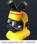 Kids Microscope Kit With LED 40X-1200X Magnification, yellow microscope showing 360 degree rotatable eyepiece with slides