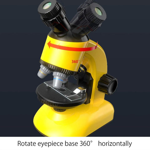 Kids Microscope Kit With LED 40X-1200X Magnification, yellow microscope showing 360 degree rotatable eyepiece with slides