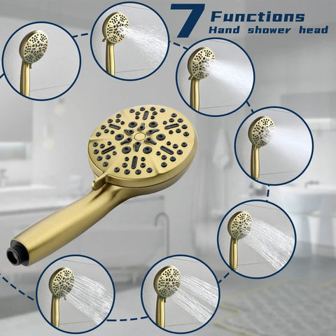 Brushed Gold All-In-One Dual Shower Faucet Set With Tub Spout And Trim Kit, showcasing multiple spray modes of handheld head