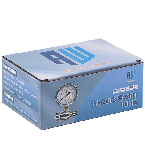 Front view of Ridge Washer pressure washer gauge box with blue packaging and a gauge illustration labeled 6000 PSI