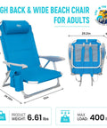 Adult Beach Chair Set With Adjustable Recline And Lay Flat Position Lightweight Foldable Aluminum Chairs With Backpack Straps Padded Headrest Heavy Duty 400 Lb Capacity Portable 2 Pack For Beach, showing dimensions and features.