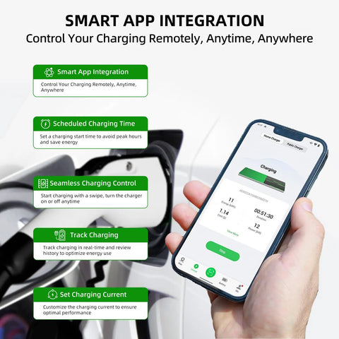 Smart App integration for Plug And Play Level 2 EV Charger 40 Amp 240 Volt with charging controls on phone.