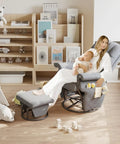 360 Degree Swivel Glider Recliner Chair With Ottoman And Double Side Pockets in nursery with mother holding baby