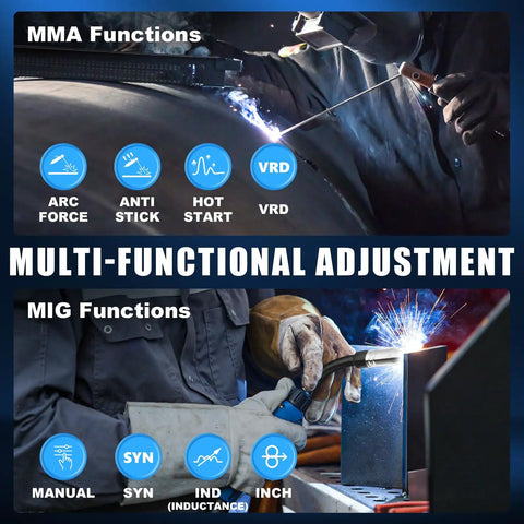 4 In 1 Flux MIG TIG Stick Welder Dual Voltage 110V 220V Gas Gasless Welding Machine Portable Workhorse showcasing MMA and MIG functions