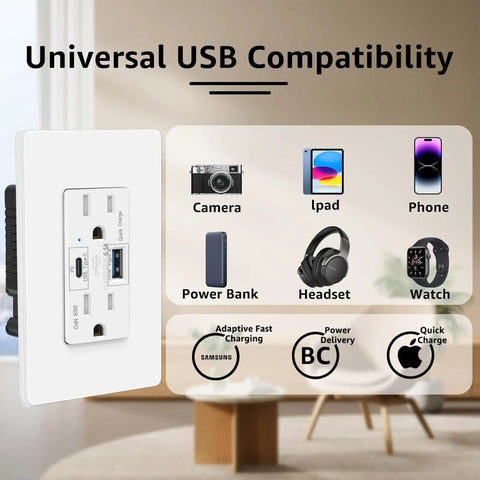 Kickin Fast Charge 65W GaN USB C Wall Outlet Two Pack showcasing USB compatibility with various devices in a modern living space.