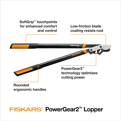 32 Inch Steel Blade Bypass Lopper for Tree Trimming Heavy Duty With PowerGear2 Technology showing features and ergonomic handles.