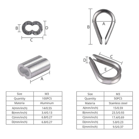 Schematic of aluminum crimping loop sleeves and M3 stainless steel thimbles in Heavy Duty Wire Rope Crimping Tool With Cutter And Swaging For One Sixteenth To One Eighth Inch Ropes Diy Friendly Kit Includes 100 Aluminum Crimping Loop Sleeves And 50 M3 Stainless Steel Thimbles For Rigging.