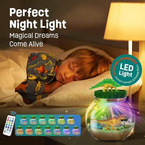 Child asleep beside Dinosaur Terrarium Kit For Kids With LED Night Light And Remote Control DIY Dino Toys Arts And Crafts Set.