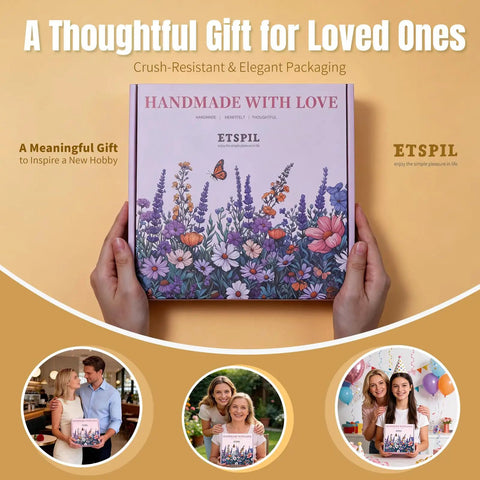 Hands holding box of Beginner Embroidery Kit With Two Hoops, Four Floral Patterns, Includes 4K Video Tutorials And 11 Fundamental Stitches