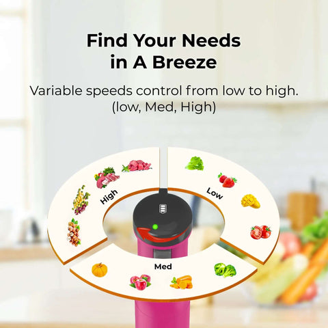 Premium Cordless Immersion Hand Blender With Heavy Duty Motor And 6 In 1 Multifunctional Attachments showing speed settings from low to high.