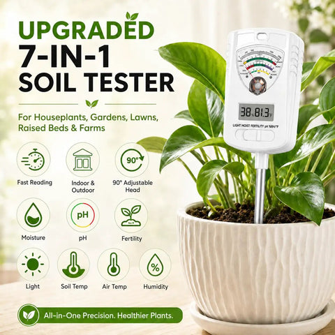 All In One 7 In 1 Soil Tester For Moisture pH Fertility Temperature Humidity And Light Digital Soil Meter For Garden Lawn Farm Indoor And Outdoor Use The Go To Tool For Smart Plant Care, white digital meter in potted plant