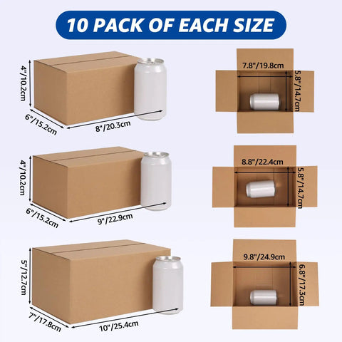 Assorted Shipping Boxes 30 Pack Value Pack With 10 Of Each Size 10x7x5, 9x6x4, And 8x6x4 Corrugated Cardboard Mailers with can for scale