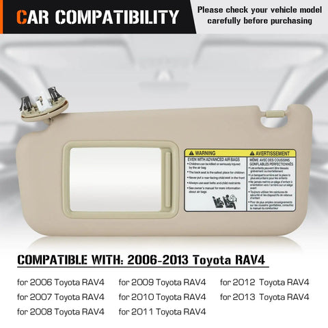 Toyota RAV4 Left Driver Side Beige Sun Visor With Vanity Light Replacement for 2006-2013 model details shown