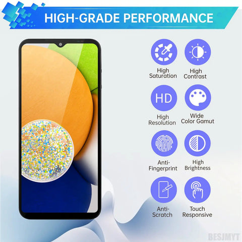Galaxy A03 Screen Replacement Kit With Frame Full Assembly LCD Display Touch Digitizer And Repair Tools Set For SM A035F A035M No More Cracked Screen Bundle, features highlighted in infographic