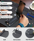 27.6 By 15.7 Inch Extra Large Soldering Mat With Wrist Strap And Grounding Accessories 932 Degrees Fahrenheit Heat Resistant Silicone Repair Mat Oversized Workbench Mat For Cellphone And Laptop Repair Gray with tools and components displayed