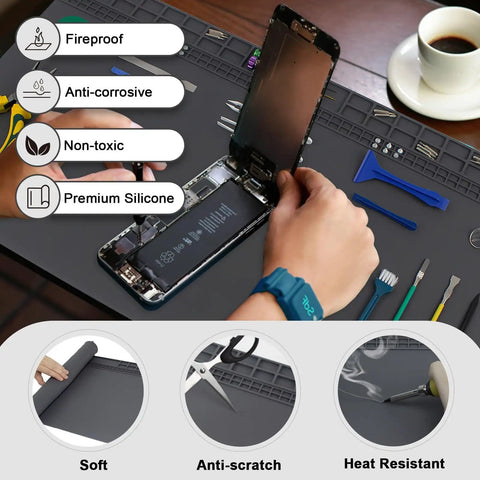 27.6 By 15.7 Inch Extra Large Soldering Mat With Wrist Strap And Grounding Accessories 932 Degrees Fahrenheit Heat Resistant Silicone Repair Mat Oversized Workbench Mat For Cellphone And Laptop Repair Gray with tools and components displayed