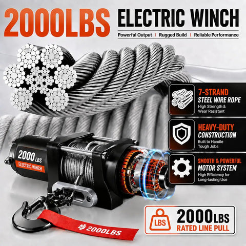 Heavy Duty Folding Truck Bed Crane With A Rock Solid 2000 Pound Electric Winch And 1100 Pound Lift Capacity For Pickup Trucks and shop tasks using 12 Volt alloy steel jib boom, showcasing 2000 lbs electric winch with steel wire rope.