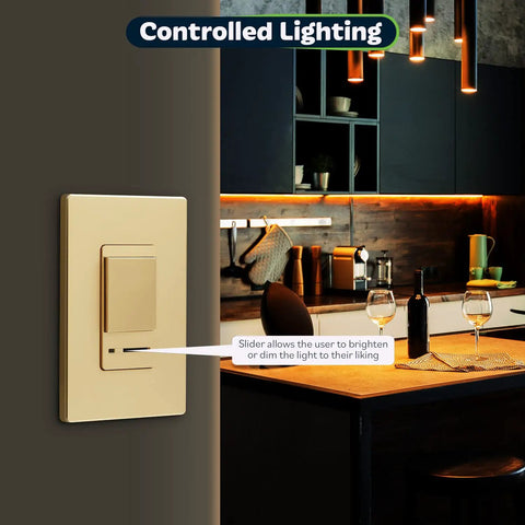 Dimmer Switch With Light Adjust Slider For Single Pole Or 3 Way Install 150W LED 600W Incandescent 120V UL Listed Gold Finish