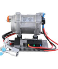 Universal AC Electric Compressor For 12V Cars And Trucks With R134a Refrigerant and Separate Controller featuring metal housing and cables.