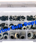 Stainless steel neoprene-bonded sealing washer assortment in clear plastic organizer box, multiple sizes.
