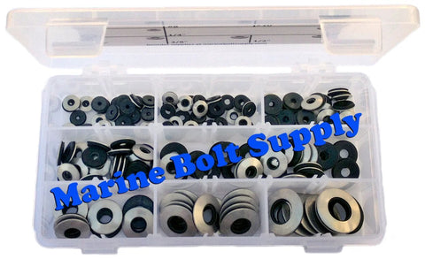 Stainless steel neoprene-bonded sealing washer assortment in clear plastic organizer box, multiple sizes.