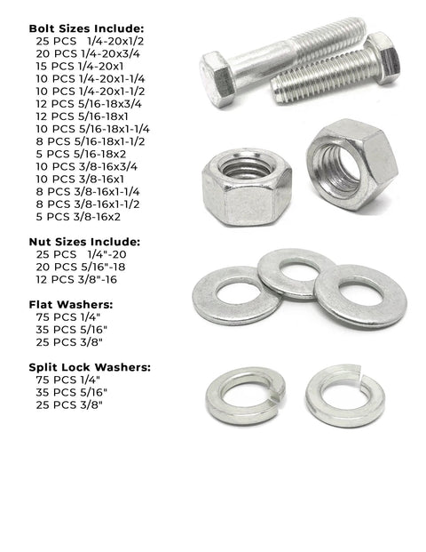 Assorted stainless steel hex cap screws, nuts, flat washers, and split lock washers in a 574-piece Amazon kit.