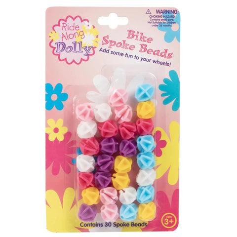 Packaging of colorful spoke beads for kids bikes, 30 pcs spokies snap on beads, universal fit, shown with various colors on card.