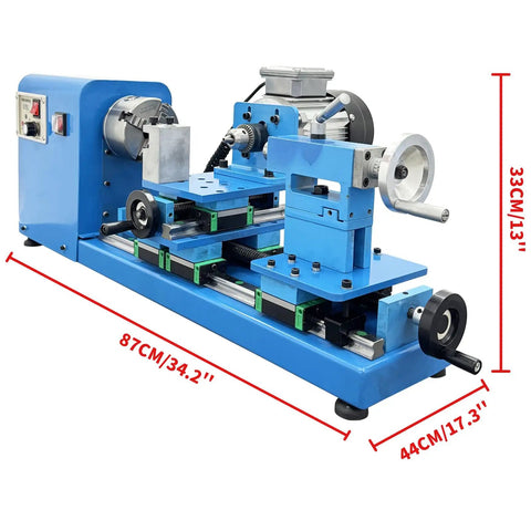 Techtongda Dual Motor Wood Lathe Combo With 750W Brushless Spindle And 450W Drilling Unit, side view, showcasing dimensions and features.