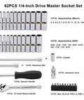 62-piece Beefy 1/4 Inch Drive Master Socket Set With Ratchets, Adapters, Extensions in Tough Impact-Resistant Case, shown detailed.