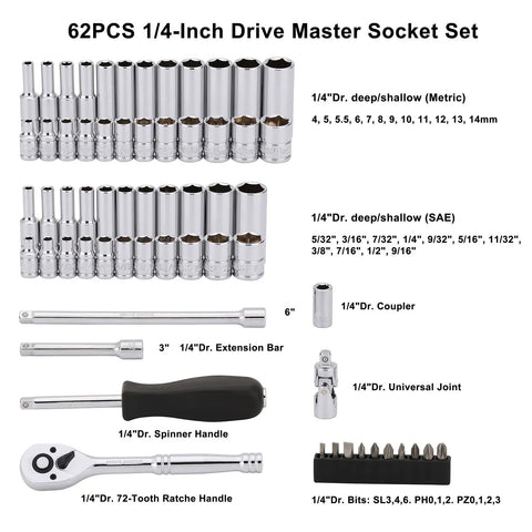 62-piece Beefy 1/4 Inch Drive Master Socket Set With Ratchets, Adapters, Extensions in Tough Impact-Resistant Case, shown detailed.