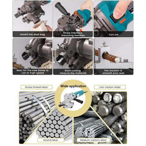 Heavy Duty 800 Watt Portable Rebar Cutter Handheld Cold Saw For Steel Pipe Cutting Machine displaying installation and cutting process.