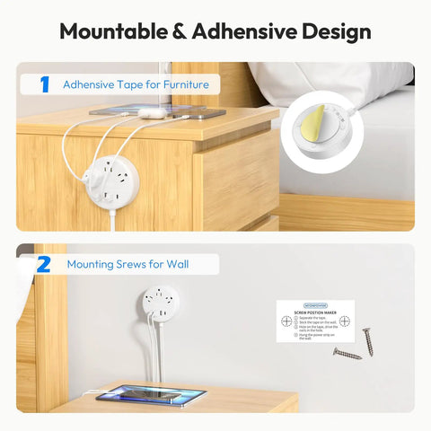 Flat Plug Power Strip With USB Ports And Wall Mount For Dorm And Office Use, shown mounted on a nightstand with adhesive and screws
