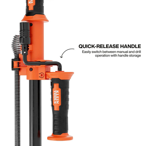 Close-up of quick-release handle on Extendable 3 To 6 Foot Steel Toilet Auger With Hybrid Manual Operation And Drill Compatibility