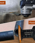 Trivd Frol curved-edge oscillating tool blade for wood/plastic; orange blade shown installed and in close-up.