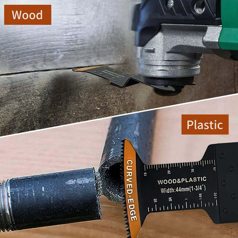 Trivd Frol curved-edge oscillating tool blade for wood/plastic; orange blade shown installed and in close-up.