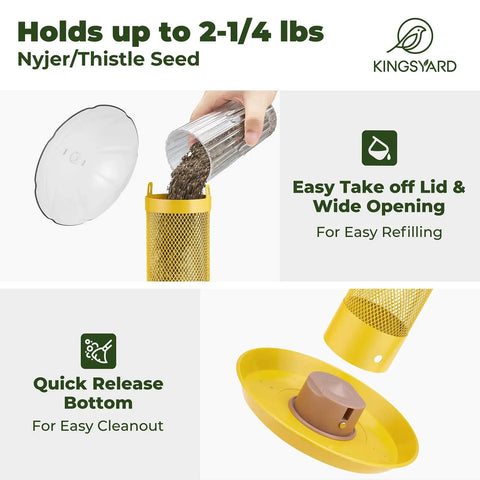 Outdoor Finch Bird Feeder Tube With Rainproof Dome Metal Mesh For Nyjer Thistle Seed No Mess 2.5 Lb Capacity Large Removable Tray