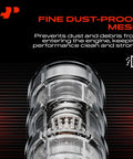 Close-up of fine dust-proof mesh on a cylindrical engine part with text highlighting prevention of dust and debris intrusion.