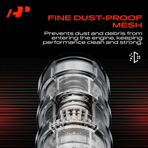 Close-up of fine dust-proof mesh on a cylindrical engine part with text highlighting prevention of dust and debris intrusion.