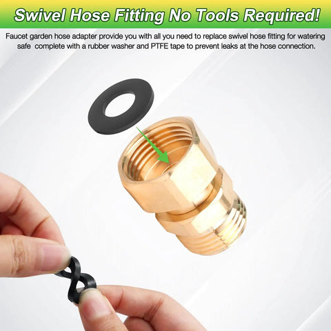 Three Quarter Inch Garden Hose Swivel Connector 360 Degree Female To Male Brass Adapter With PTFE Tape And Washer Prevents Tangles Easy Watering For Quick No Fuss Setup brass fitting with washer shown