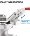 Close-up of Heavy Duty One Half Inch FNPT Three Piece Ball Valve in 304 Stainless Steel with red handle and self-locking buckle.