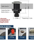 Installation guide for Stainless Steel Brushed Nickel Garbage Disposal Air Switch Kit with dimensions and steps.
