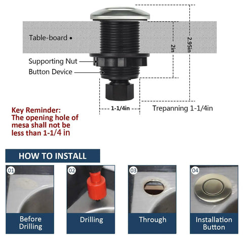 Installation guide for Stainless Steel Brushed Nickel Garbage Disposal Air Switch Kit with dimensions and steps.