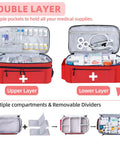 ALSLEA red first aid bag with shoulder strap, 16 x 9.5 x 7 in, two-layer medical kit.