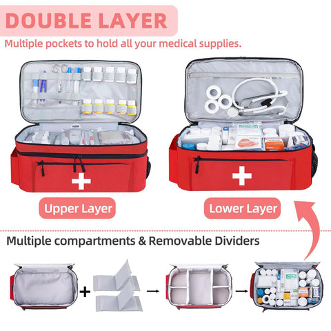 ALSLEA red first aid bag with shoulder strap, 16 x 9.5 x 7 in, two-layer medical kit.