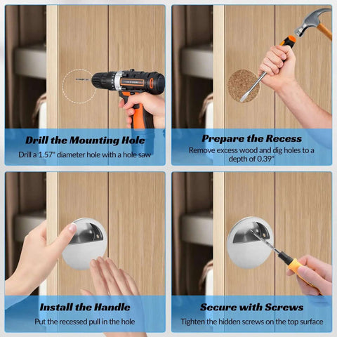 Step-by-step installation of Round Recessed Sliding Closet Door Pulls 40mm Inner Diameter Stainless Steel Door Handle for easy mounting